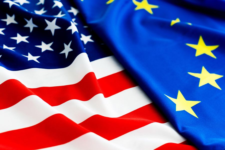 Flags of the USA and the European Union together